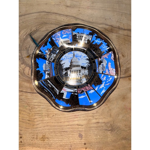 Unbranded Other - Vintage Washington DC Souvenir Glass Bowl Scalloped Gold Rim Landmarks Blue